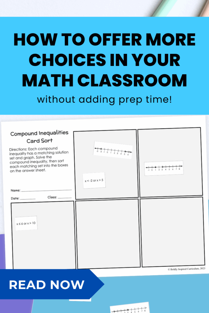 how to offer more choice in math class blog pin image. background image with printable card sort