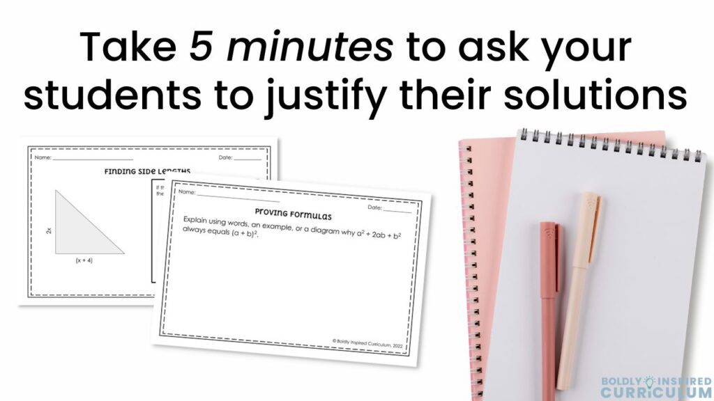 take five minutes to ask your students to justify their solutions. this image shows two sample critical thinking questions for multiplying polynomials.