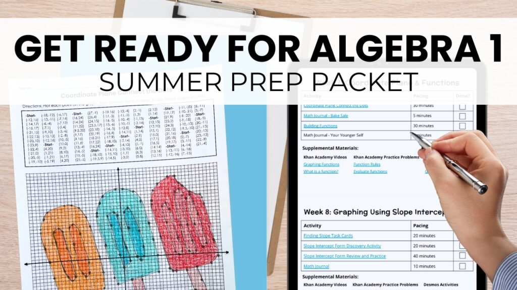 promo picture for the getting ready for algebra 1 summer review packet. shows coordinate plane activity and a hand using the digital pacing guide on a laptop