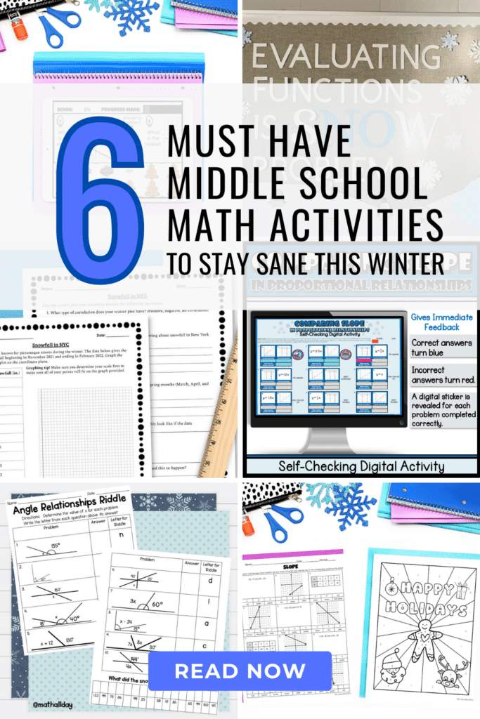 pin image for middle school winter math activities blog post