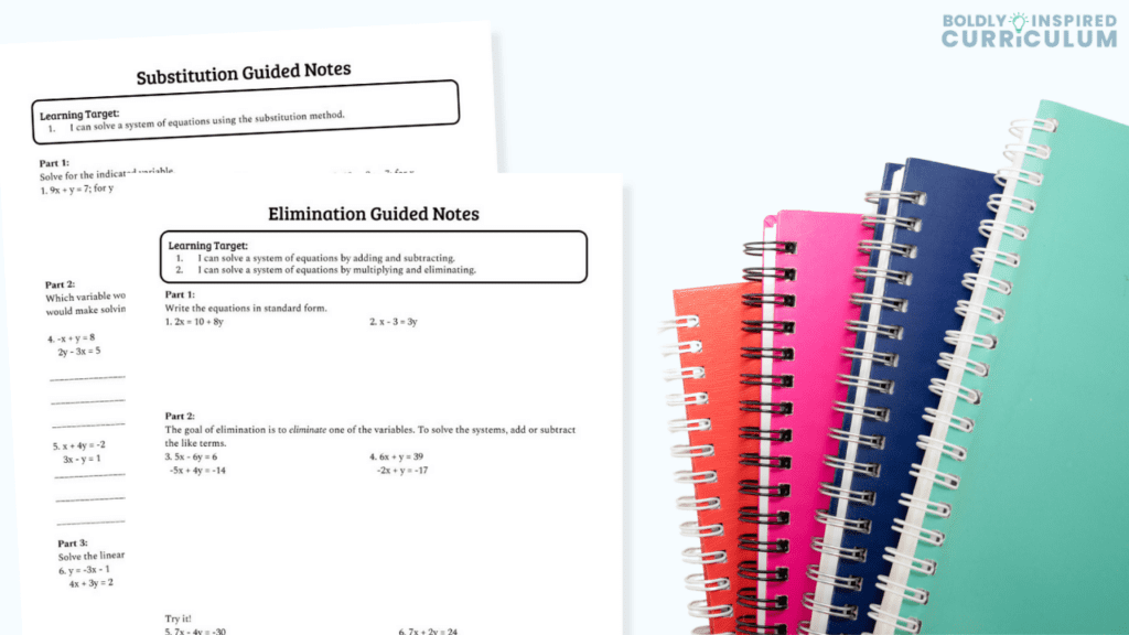 solving systems of equations notes and worksheet bundle preview. substitution and elimination notes