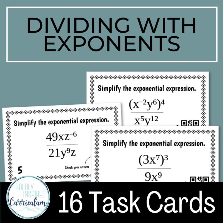 Laws of Exponents Task Cards - Quotient & Power of a Quotient Exponent Rules