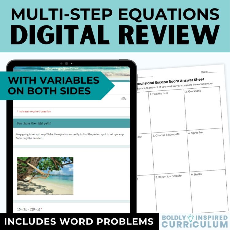 Solving Multi Step Equations Digital Review Activity with Word Problems