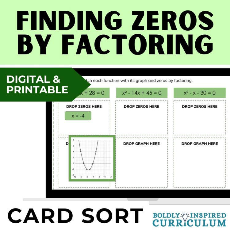 Solving Quadratics by Factoring Digital Activity & Printable Card Sort