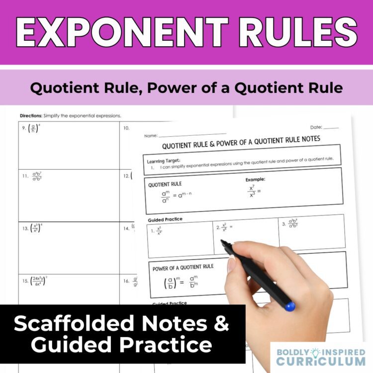 8th Grade Exponent Rules & Laws of Exponents - Quotient Rule Notes & Worksheets