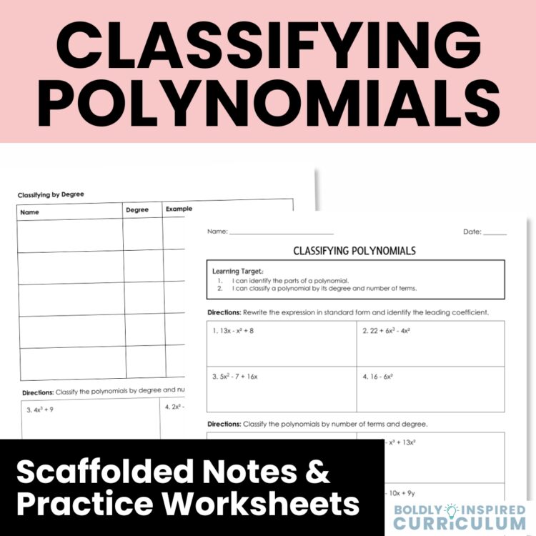 Classifying Polynomials Notes and Worksheet for Algebra 1
