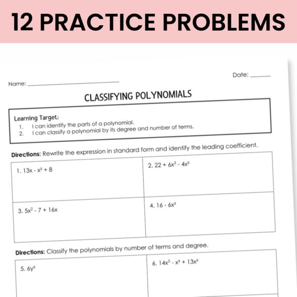 Classifying Polynomials Notes and Worksheet for Algebra 1 - Boldly ...