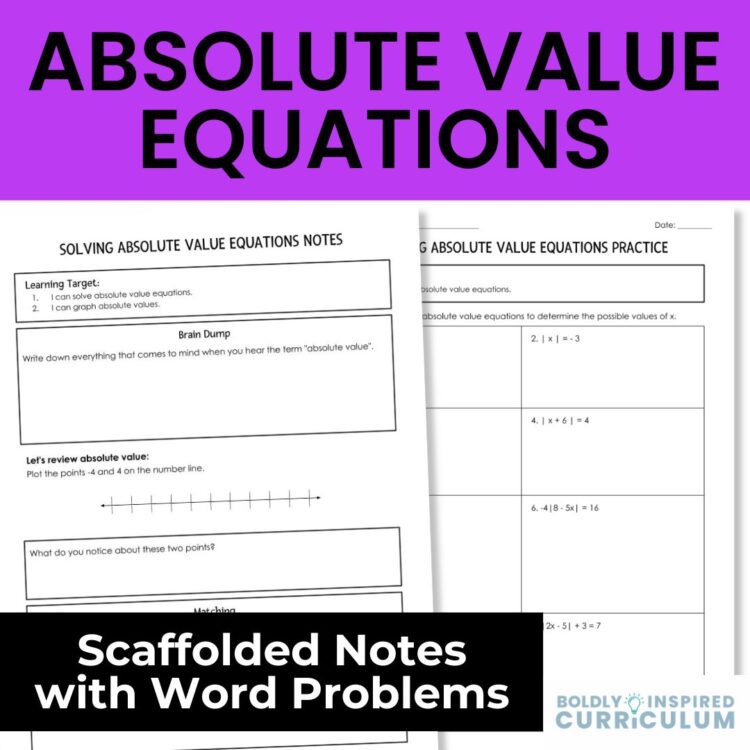 Solving Absolute Value Equations Notes and Worksheets with Word Problems