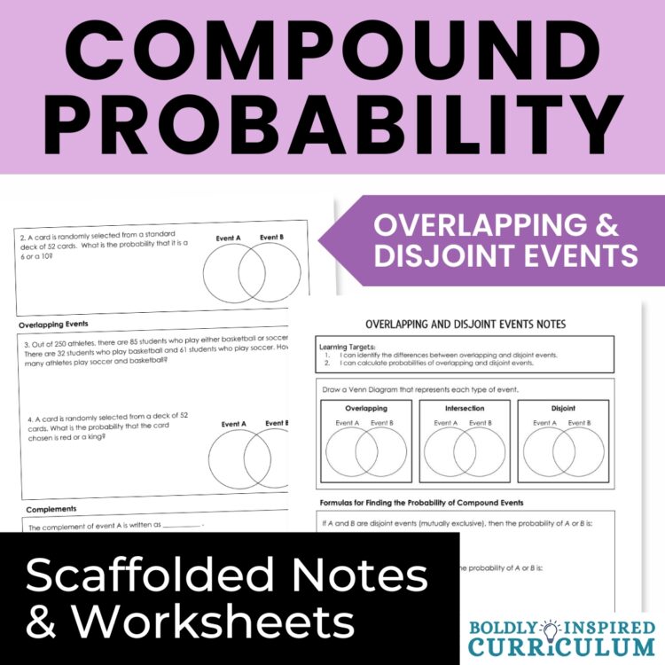 7th Grade Compound Probability Notes & Worksheet - Disjoint & Overlapping Events