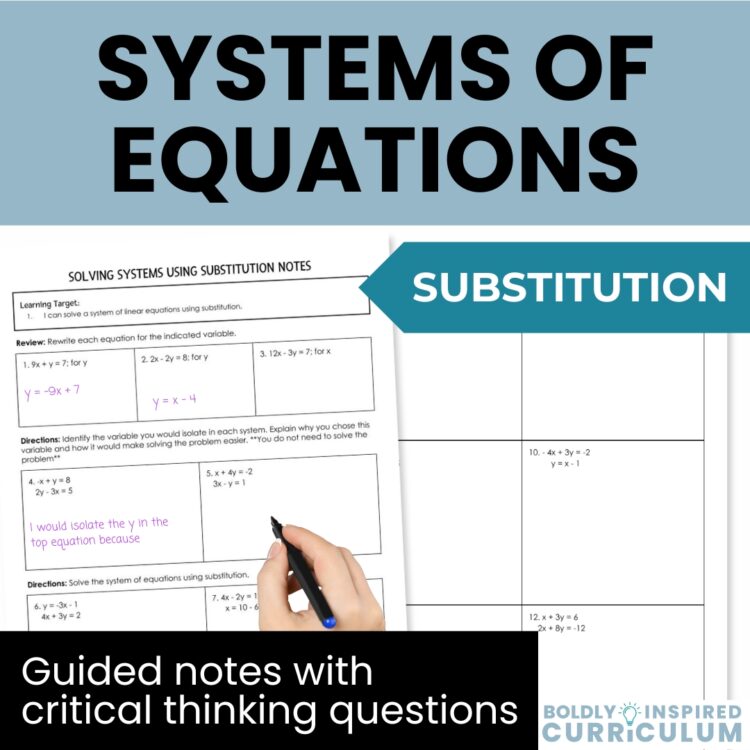 Solving Systems of Linear Equations by Substitution Notes & Worksheet | Algebra