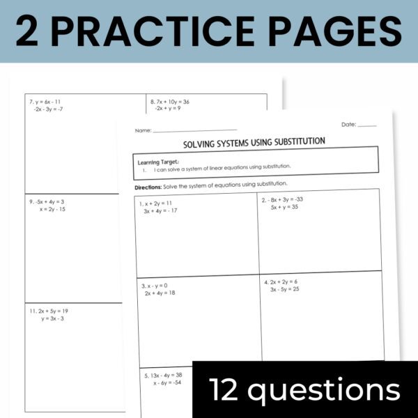 Solving Systems of Linear Equations by Substitution Notes & Worksheet ...