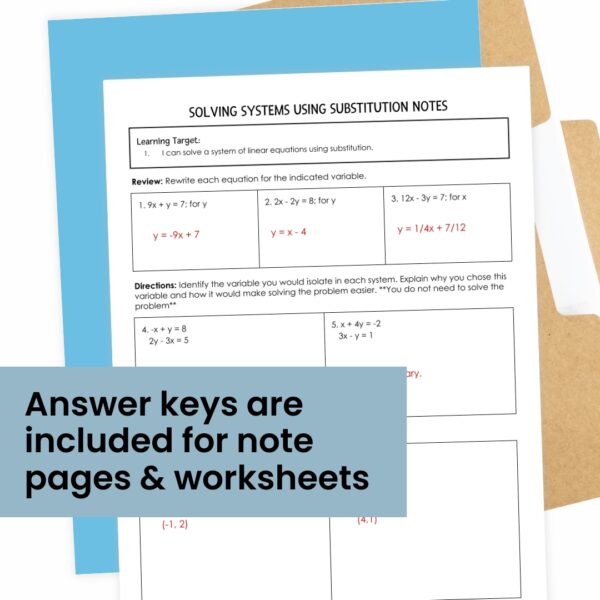 Solving Systems of Linear Equations by Substitution Notes & Worksheet ...