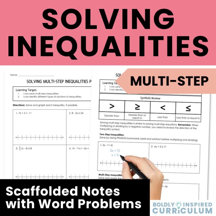 Multi Step Inequalities Notes and Worksheet for Algebra 1 with Word Problems