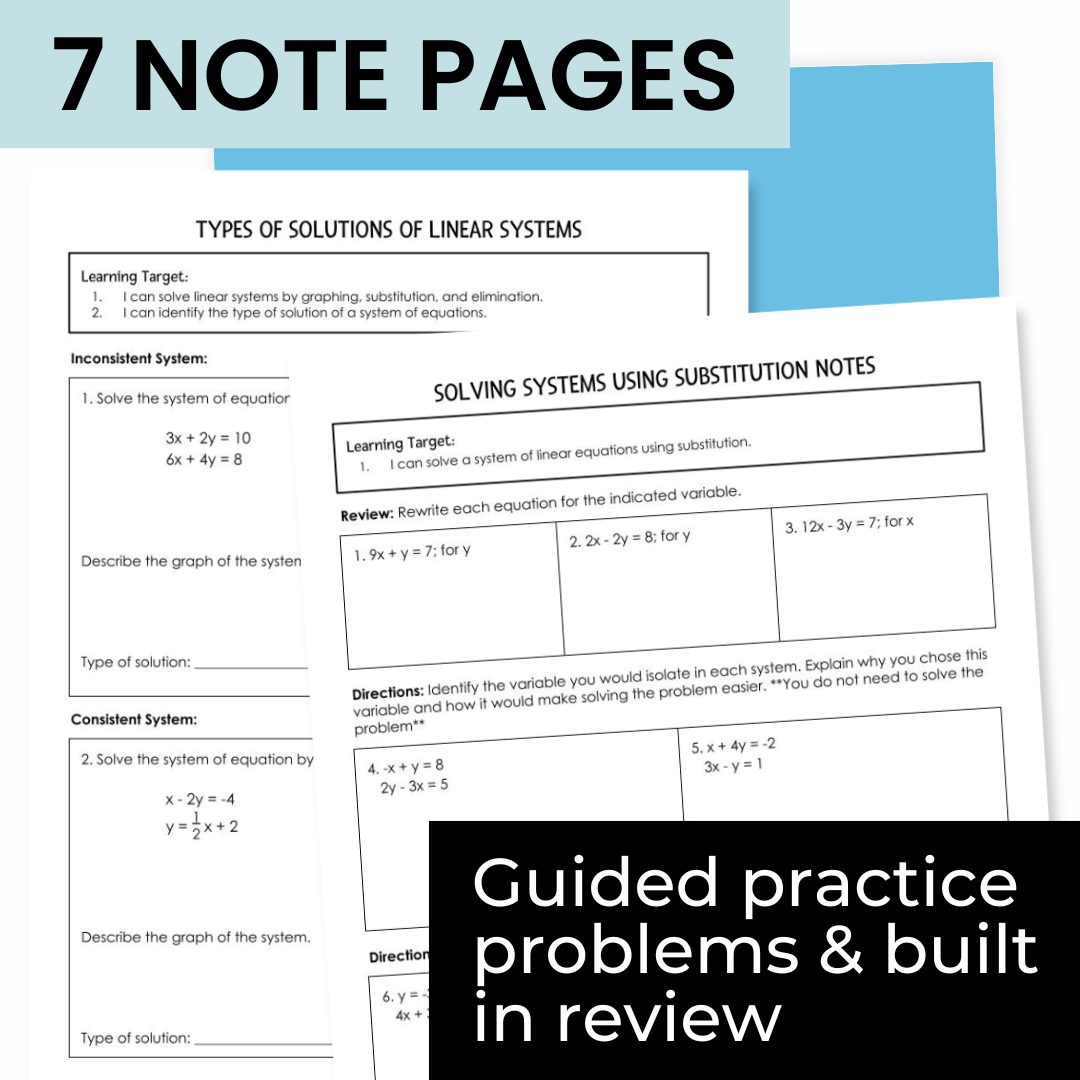 Systems of Equations Notes & Worksheets | Substitution, Elimination ...