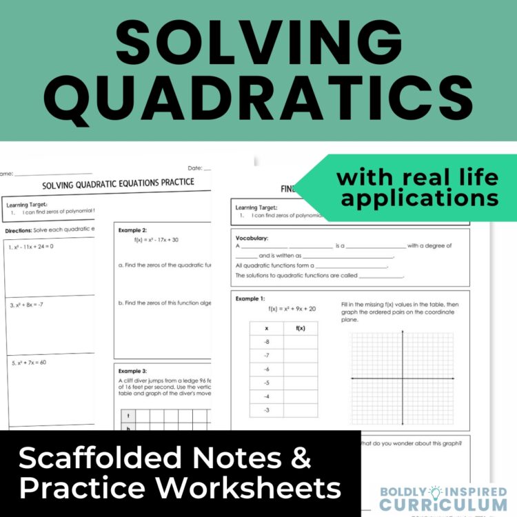Solving Quadratic Equations by Factoring Notes & Worksheet with Word Problems