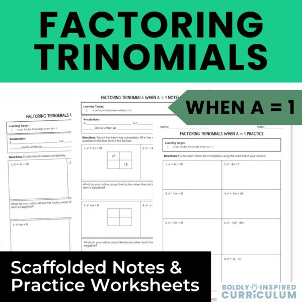 Factoring Trinomials when A = 1 Guided Notes and Factoring Quadratics ...