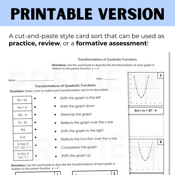 Quadratic Function Transformations Activity | Digital & Printable Card ...