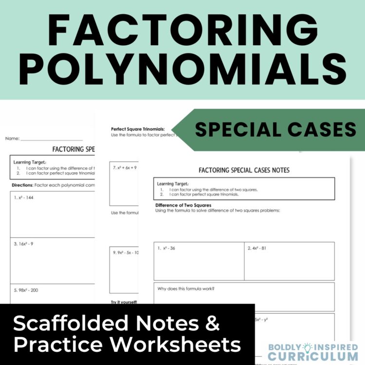 Factoring Perfect Square Trinomials & Difference of Squares Notes & Worksheets