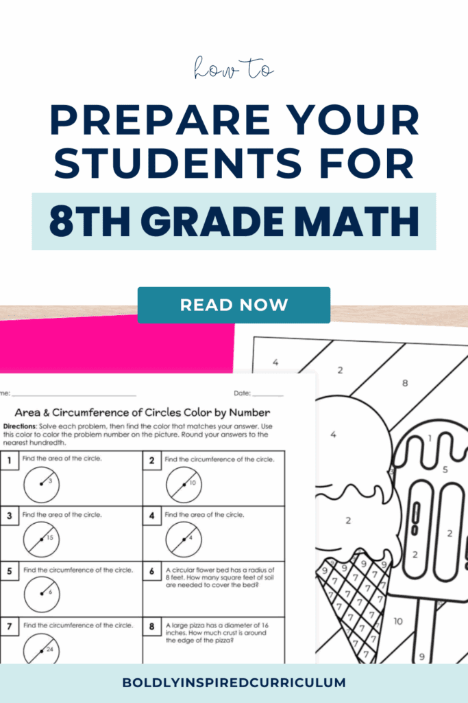 pin image for summer math review activities for incoming 8th graders blog post. the image shows a mockup of the area and circumference of circles color by number activity