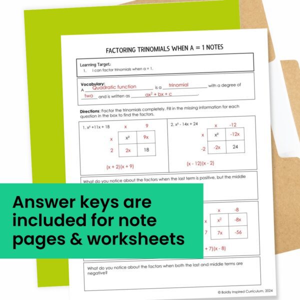 Factoring Trinomials when A = 1 Guided Notes and Factoring Quadratics ...