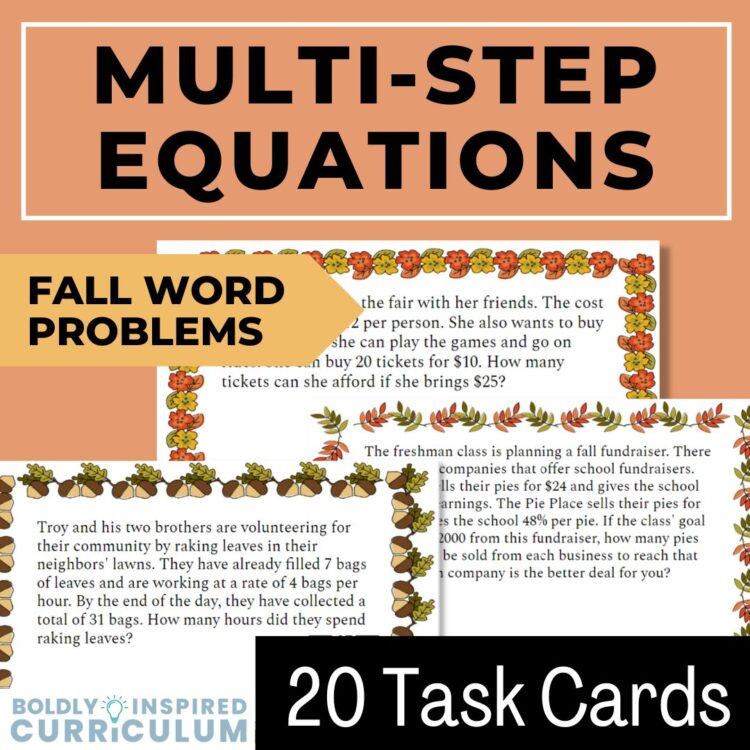 Solving Equations Word Problems Task Cards for Fall