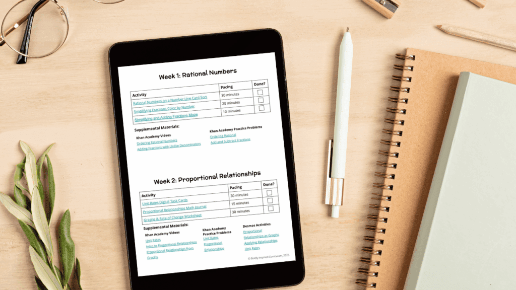 ipad mockup up with pacing guide for 8th grade summer math review packet on a wooden desk with glasses and notebooks
