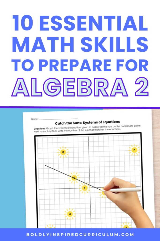 pin image for algebra 2 back to school blog post. 10 essential math skills to prepare for algebra 2. mockup of students graphing a line on a systems of equations activity