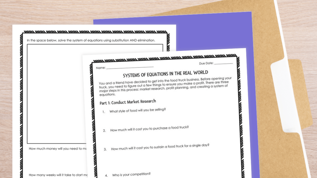 systems of equations project shown on a manila folder and wooden background