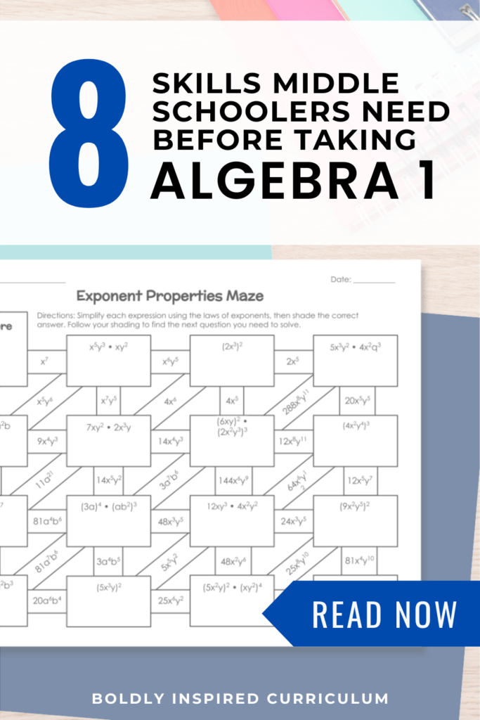 Blog pin image for 8 middle school math skills students needs before algebra 1